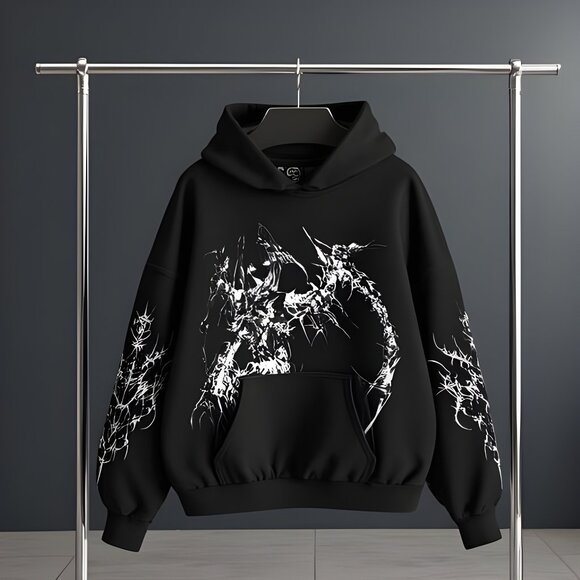 Mens Graphic Hoodie, Black Dark Streetwear Gothic Jacket, Cotton Polysester Blen - Picture 3 of 4